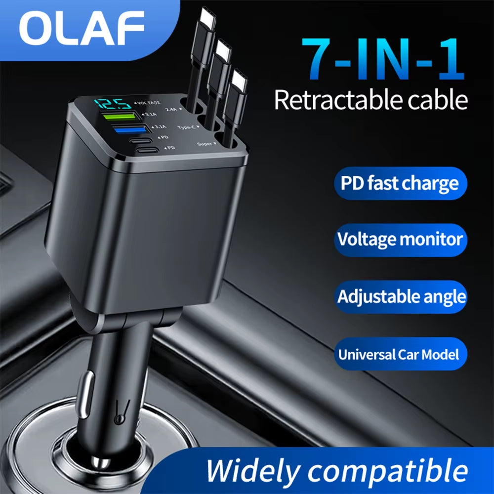 7 in 1 Car Charger Retractable 3 Type C Ports USB Car Charger Fast Charging for Iphone 12 15 16 Samsung USB C to Ios Cable