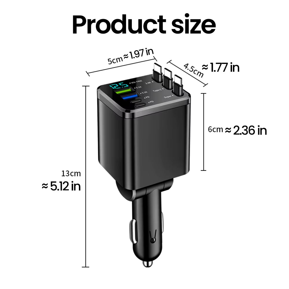 7 in 1 Car Charger Retractable 3 Type C Ports USB Car Charger Fast Charging for Iphone 12 15 16 Samsung USB C to Ios Cable