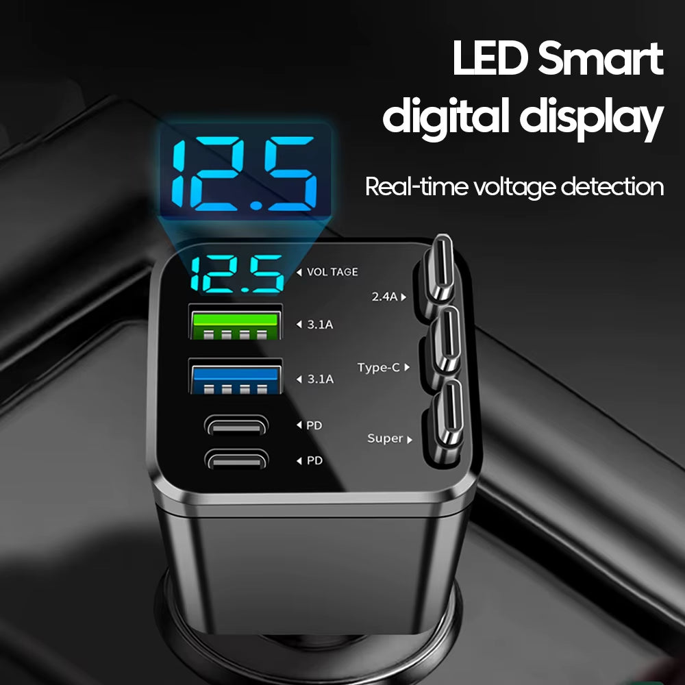 7 in 1 Car Charger Retractable 3 Type C Ports USB Car Charger Fast Charging for Iphone 12 15 16 Samsung USB C to Ios Cable